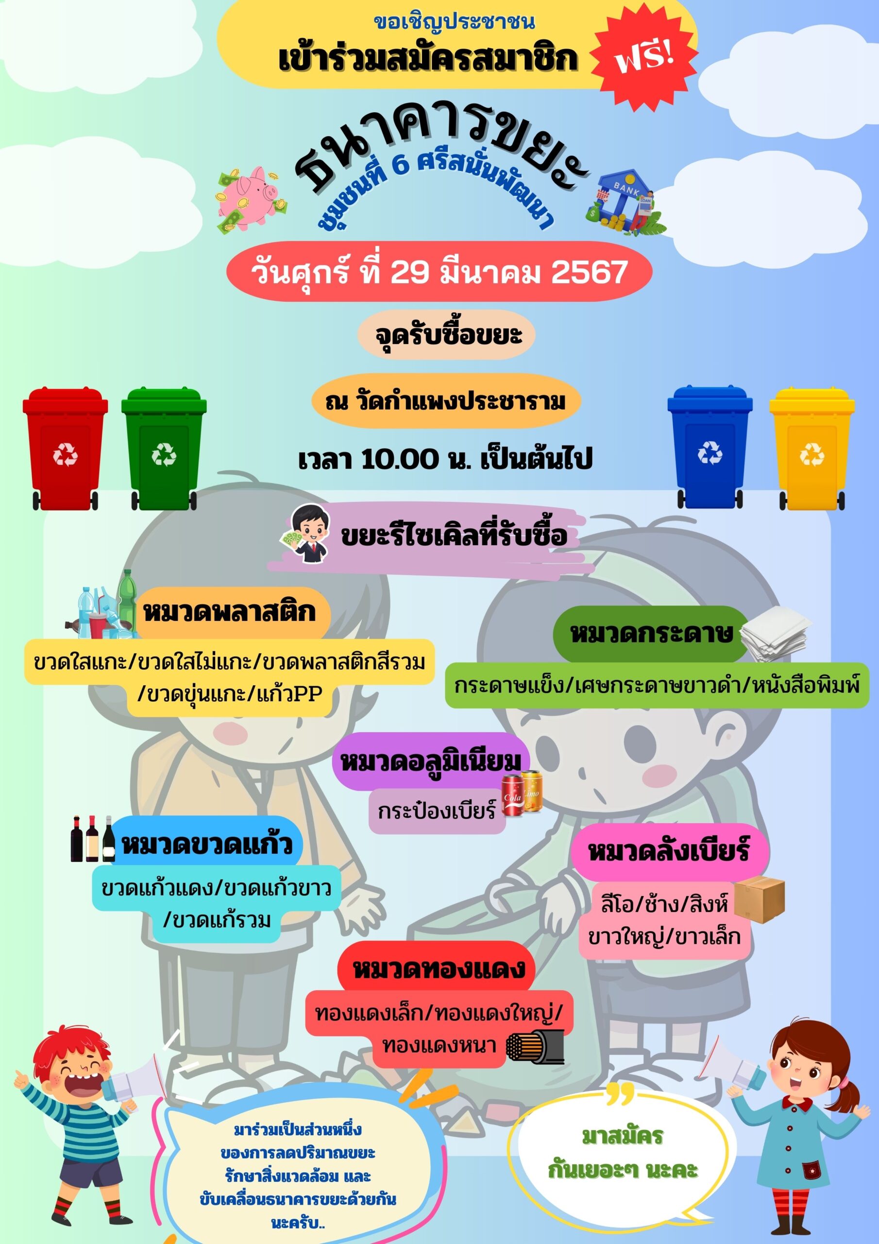 กำหนดเปิดธนาคารขยะชุมชนย่อยที่ 6 ศรีสนั่นพัฒนา ครั้งแรก